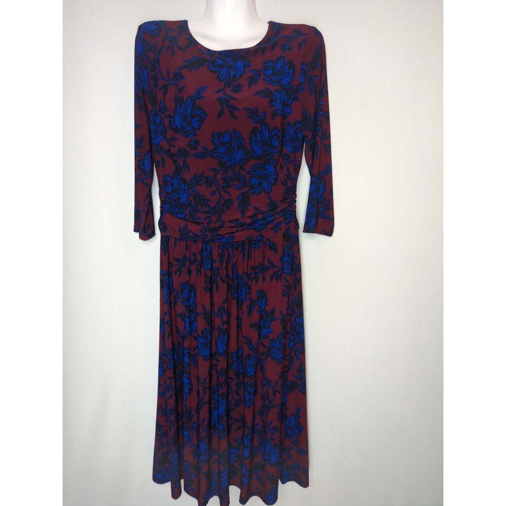Lauren Ralph Lauren Pomegrante & Blue Floral 3/4 Sleeve Stretch Midi Dress Sz. 8